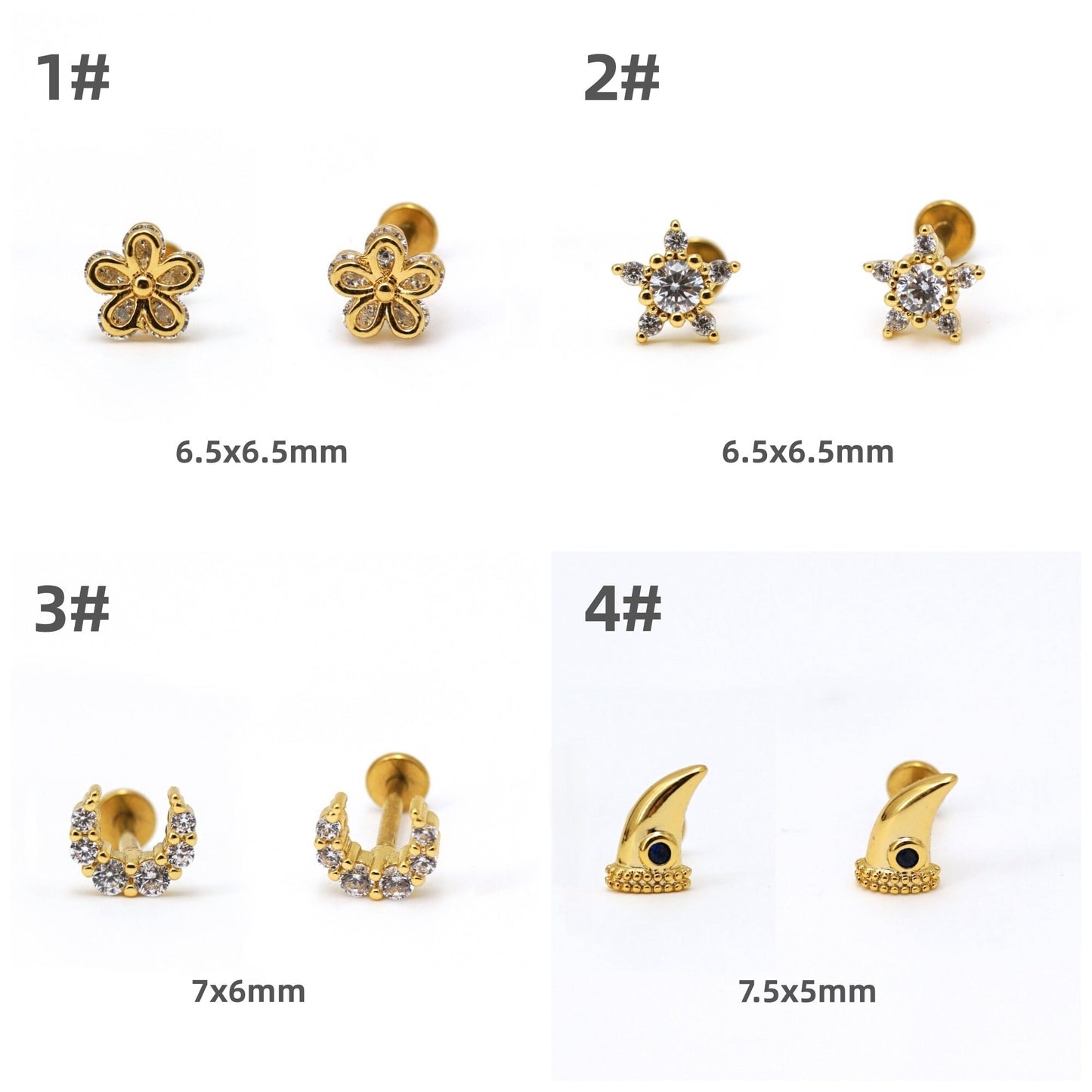 16G Push Pin Labret Stud, Zirconia Threadless Flat Back Piercing