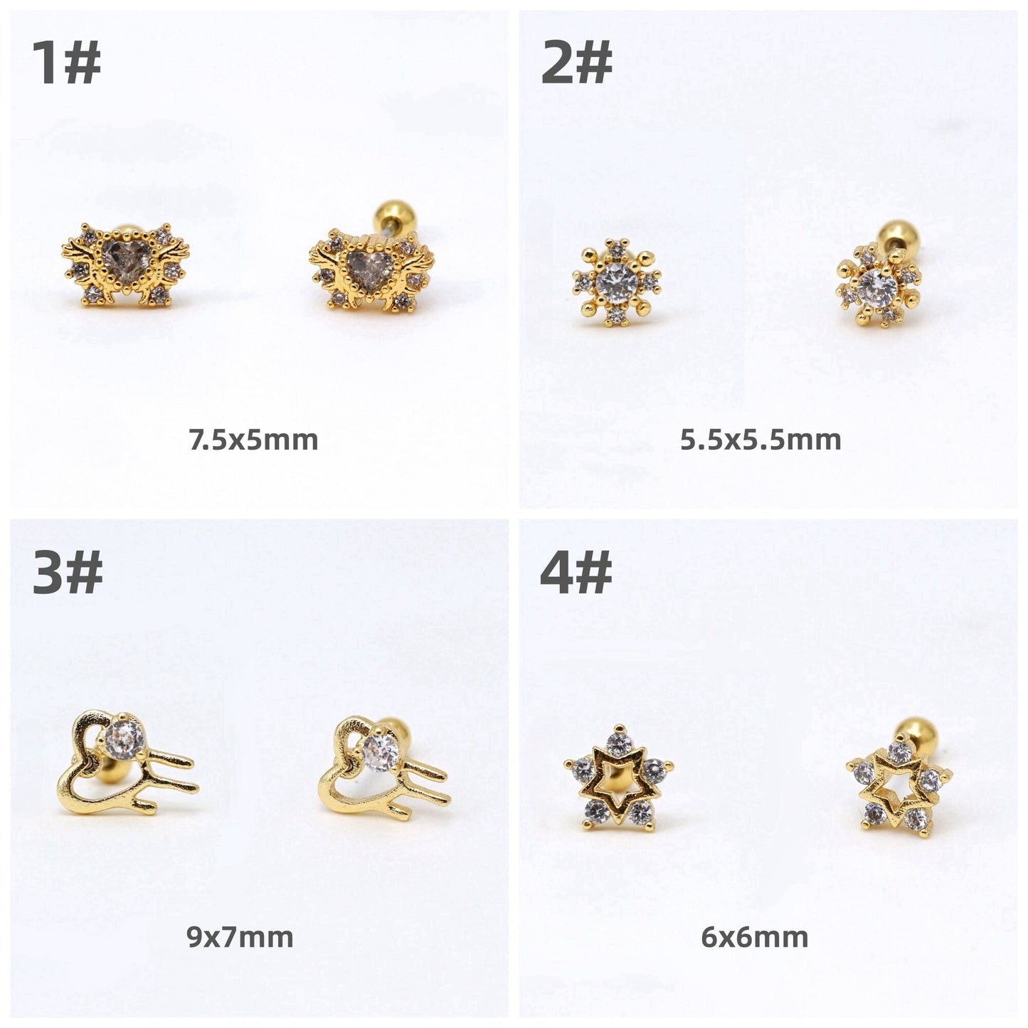 20G CZ Stud Earrings, Screw Ball Back Ear Piercings