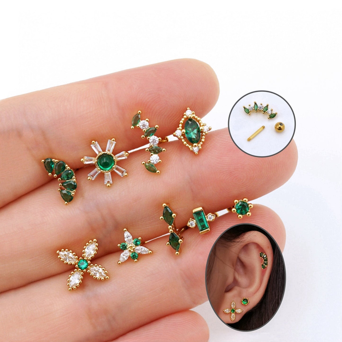 Emerald Green CZ Stud Earrings, 16G Screw Back Studs