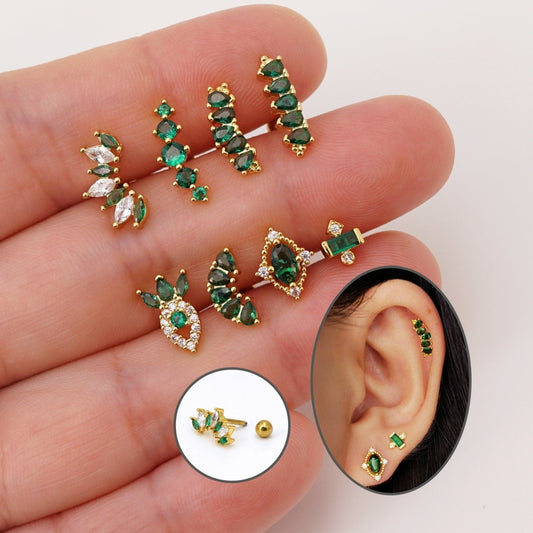 Emerald Green CZ Stud Earring 16G, Screw Back Studs