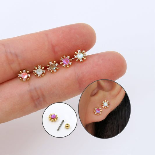 20G Glitter CZ Flower Stud Earring, Screw Back Ear Piercing Stud