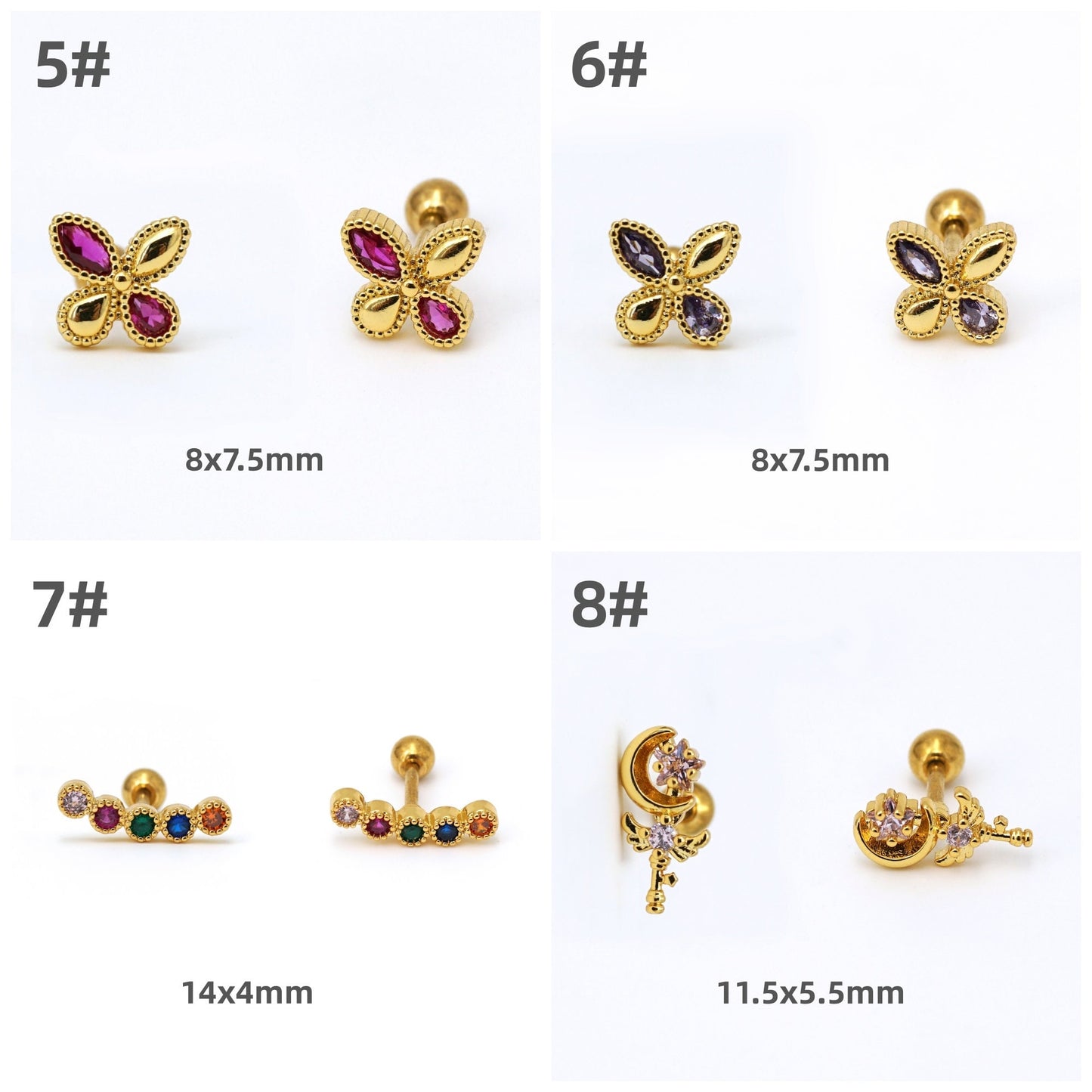 16G Colored CZ Stud Earrings Screw Back Piercing