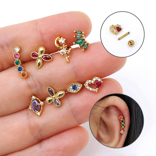 16G Colored CZ Stud Earrings Screw Back Piercing