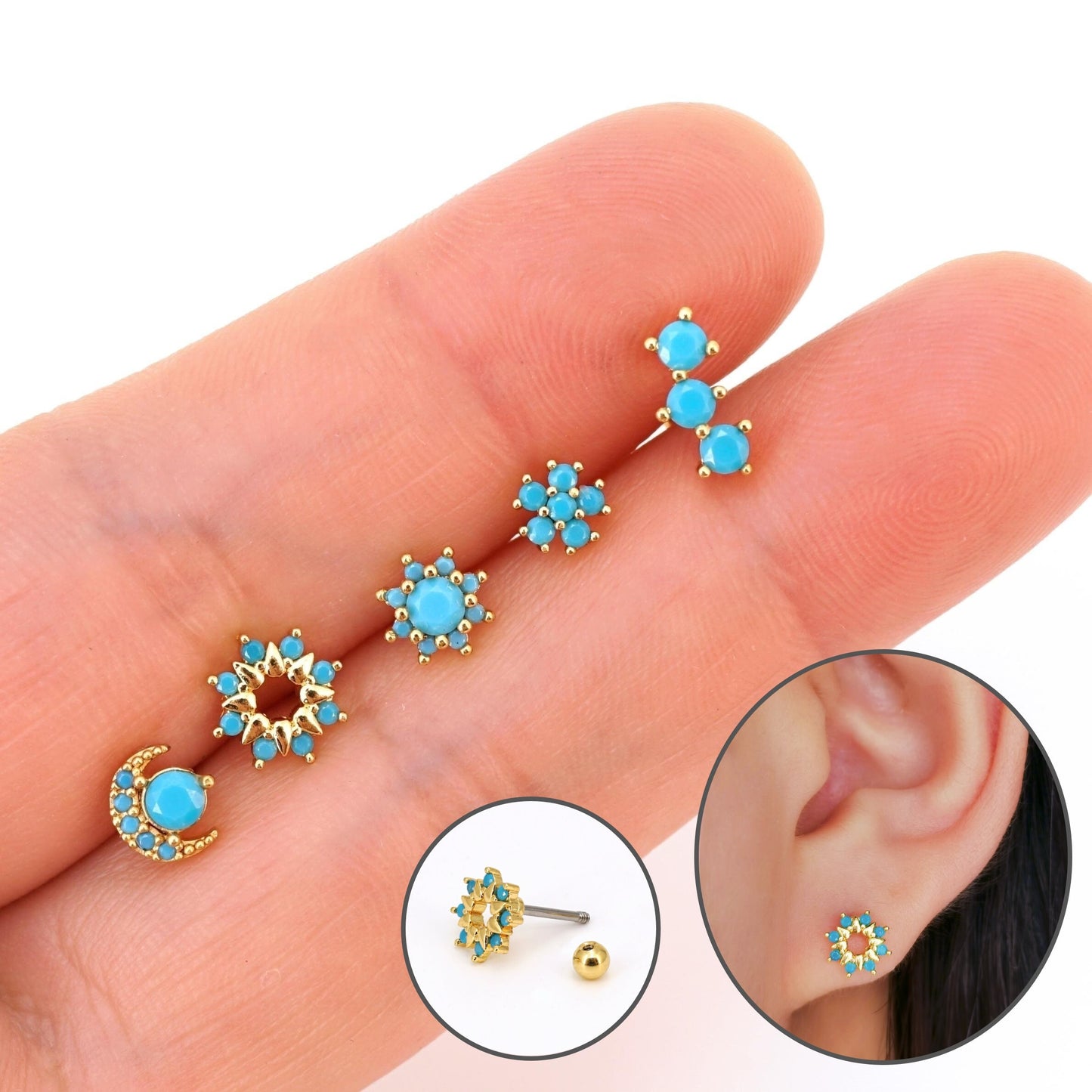 Turquoise Stud Earrings, Screw Back Piercing Stud, 20G