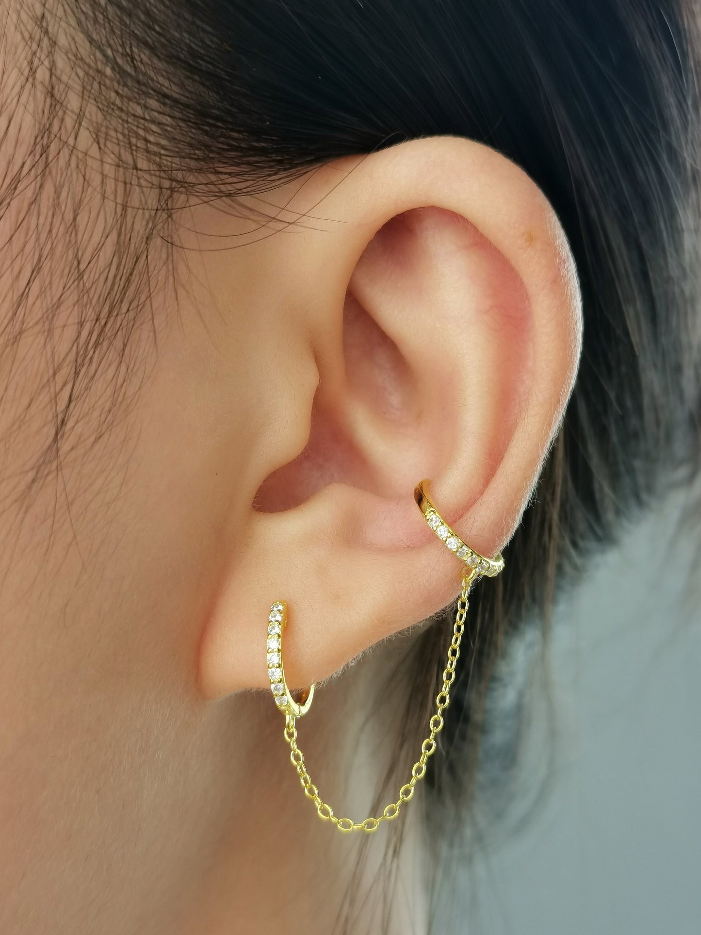 CZ Chain Ear Cuff Hoop Earrings, Chain Cuff Earrings