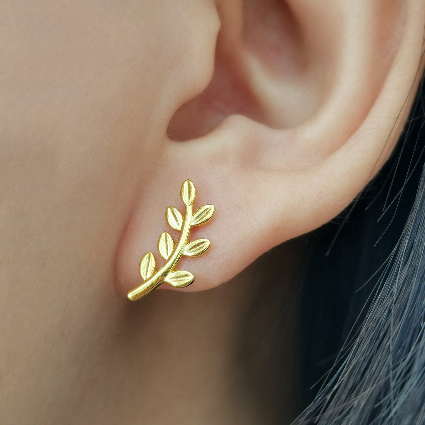 Olive Branch Stud Earrings, Sterling Silver Leaf Studs (Pair)