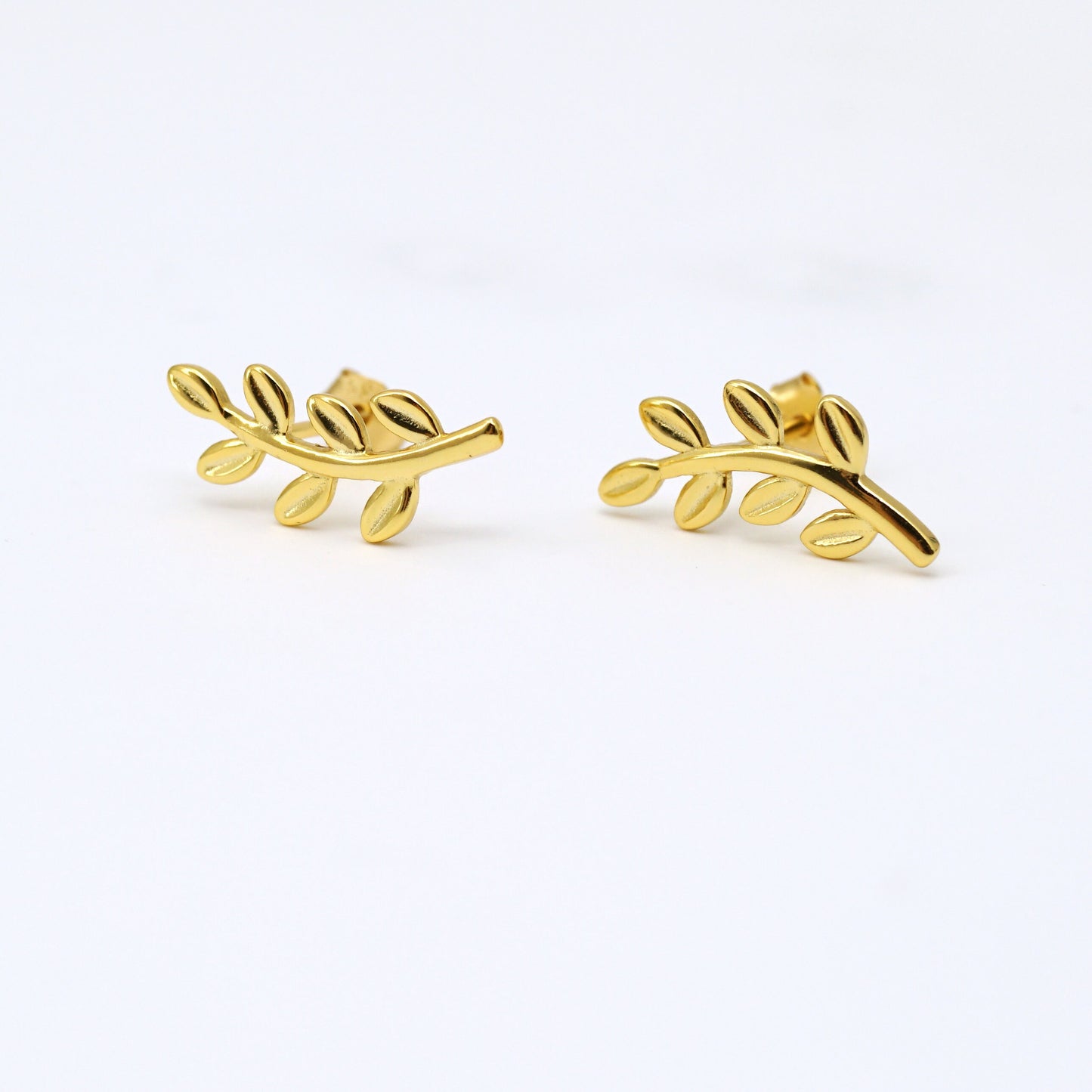 Olive Branch Stud Earrings, Sterling Silver Leaf Studs (Pair)