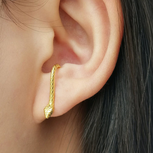 Gold Serpent Stud Earrings, Snake Front Back Ear Jacket