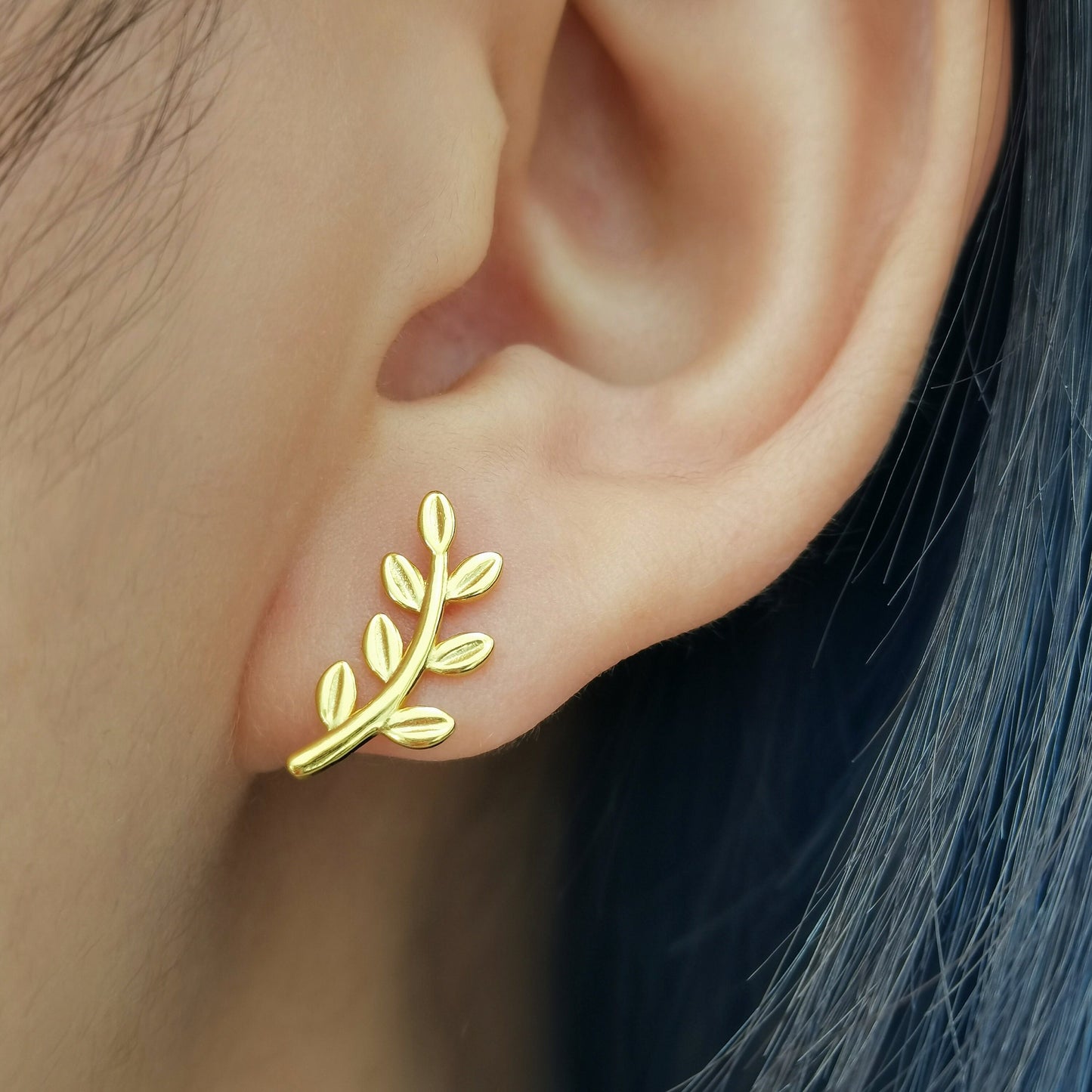 Olive Branch Stud Earrings, Sterling Silver Leaf Studs (Pair)