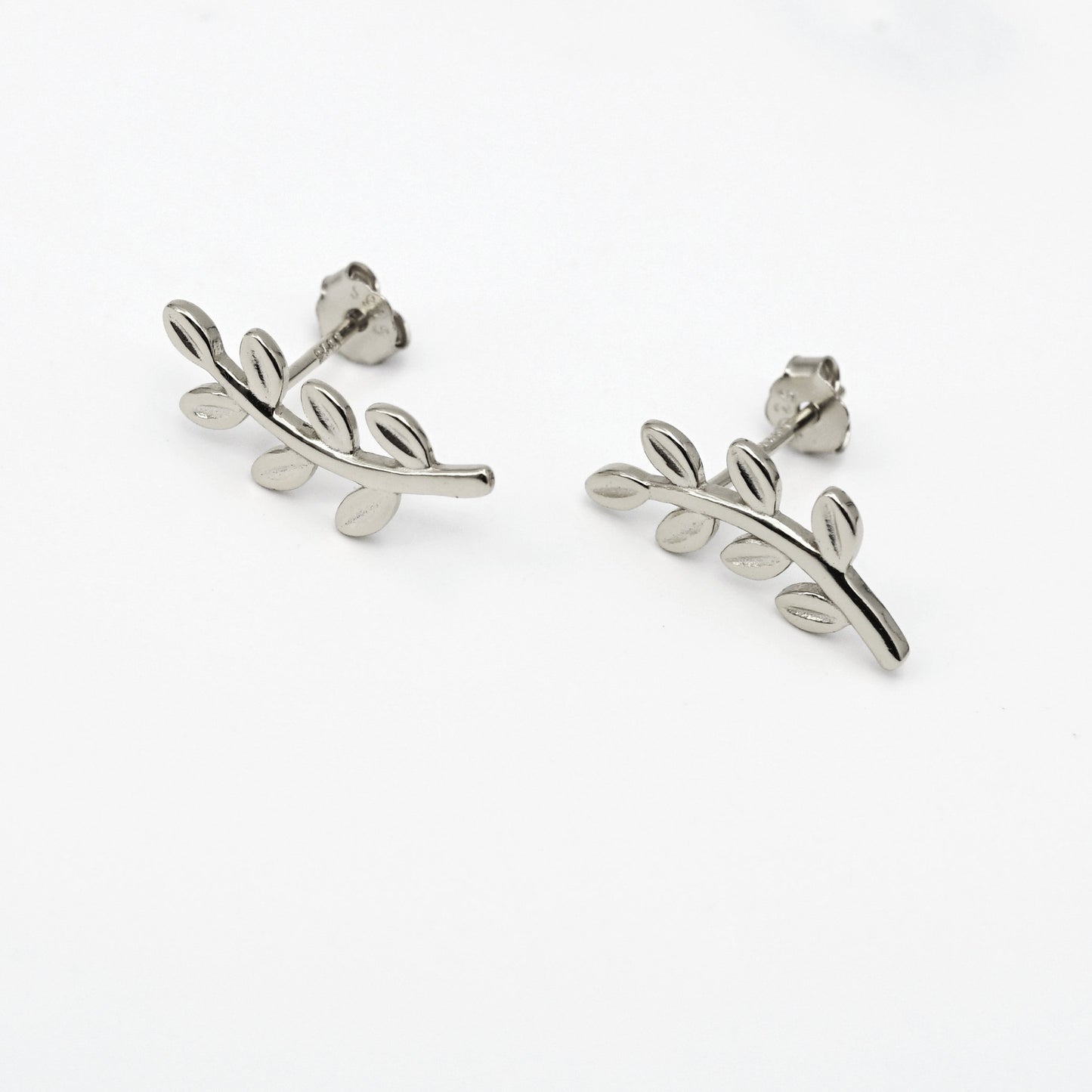 Olive Branch Stud Earrings, Sterling Silver Leaf Studs (Pair)