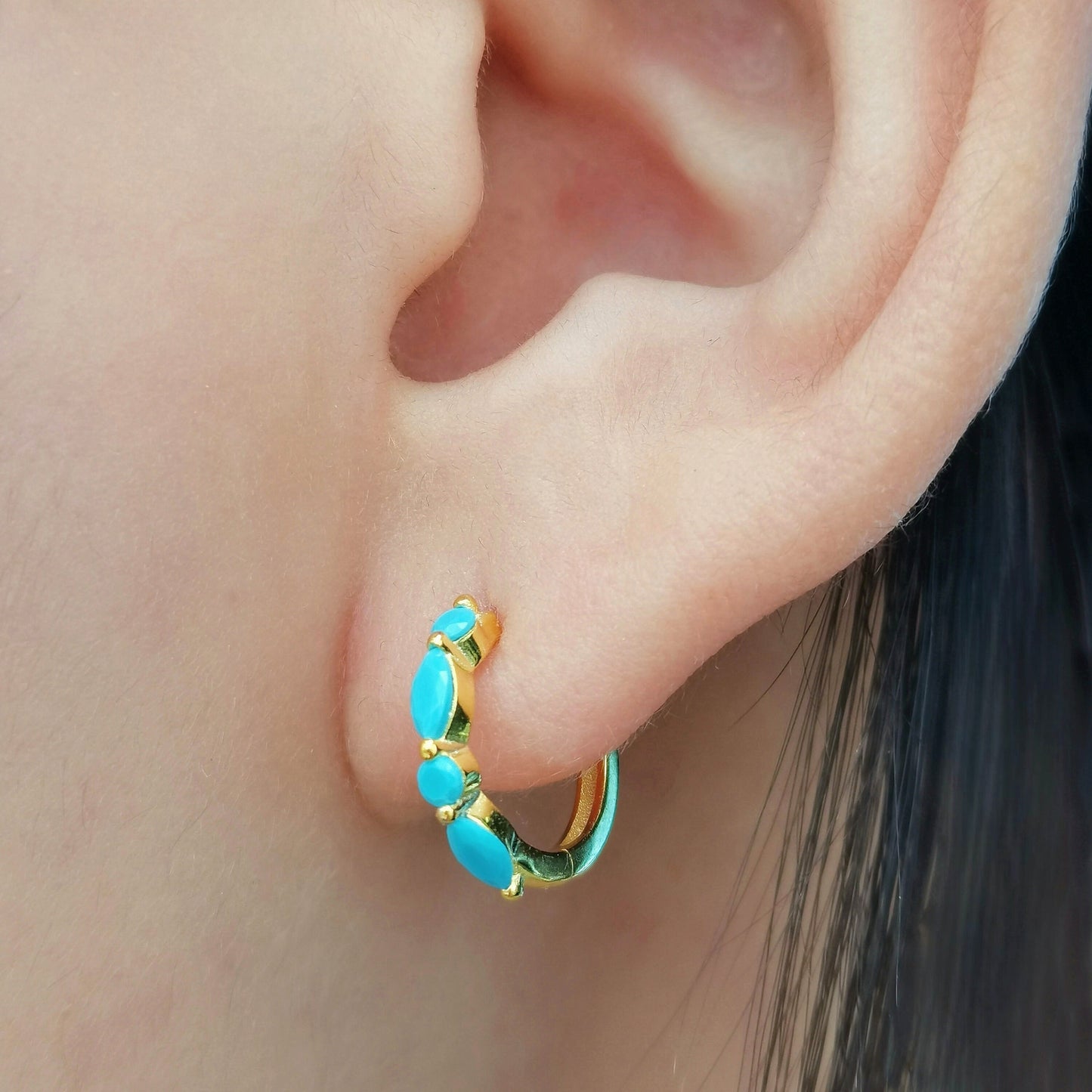 Tiny Turquoise/CZ Huggie Hoop Earrings, 9mm Hoops