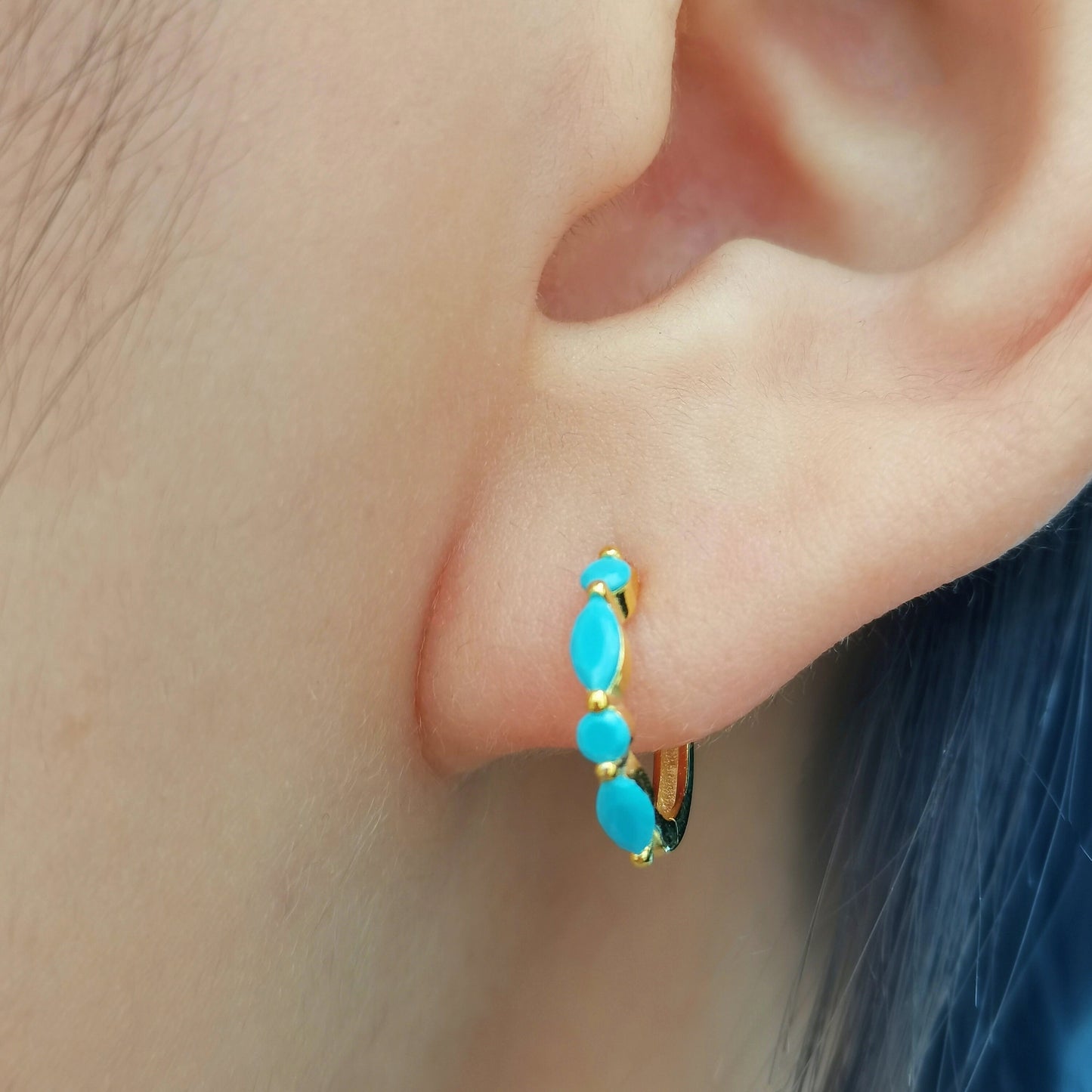 Tiny Turquoise/CZ Huggie Hoop Earrings, 9mm Hoops