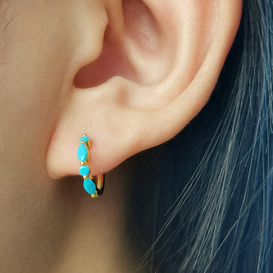 Tiny Turquoise/CZ Huggie Hoop Earrings, 9mm Hoops