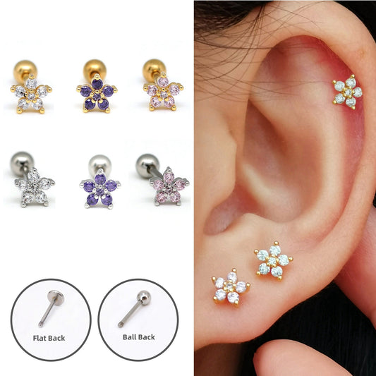 16G White/Purple/Pink Zirconia Flower Stud Earrings