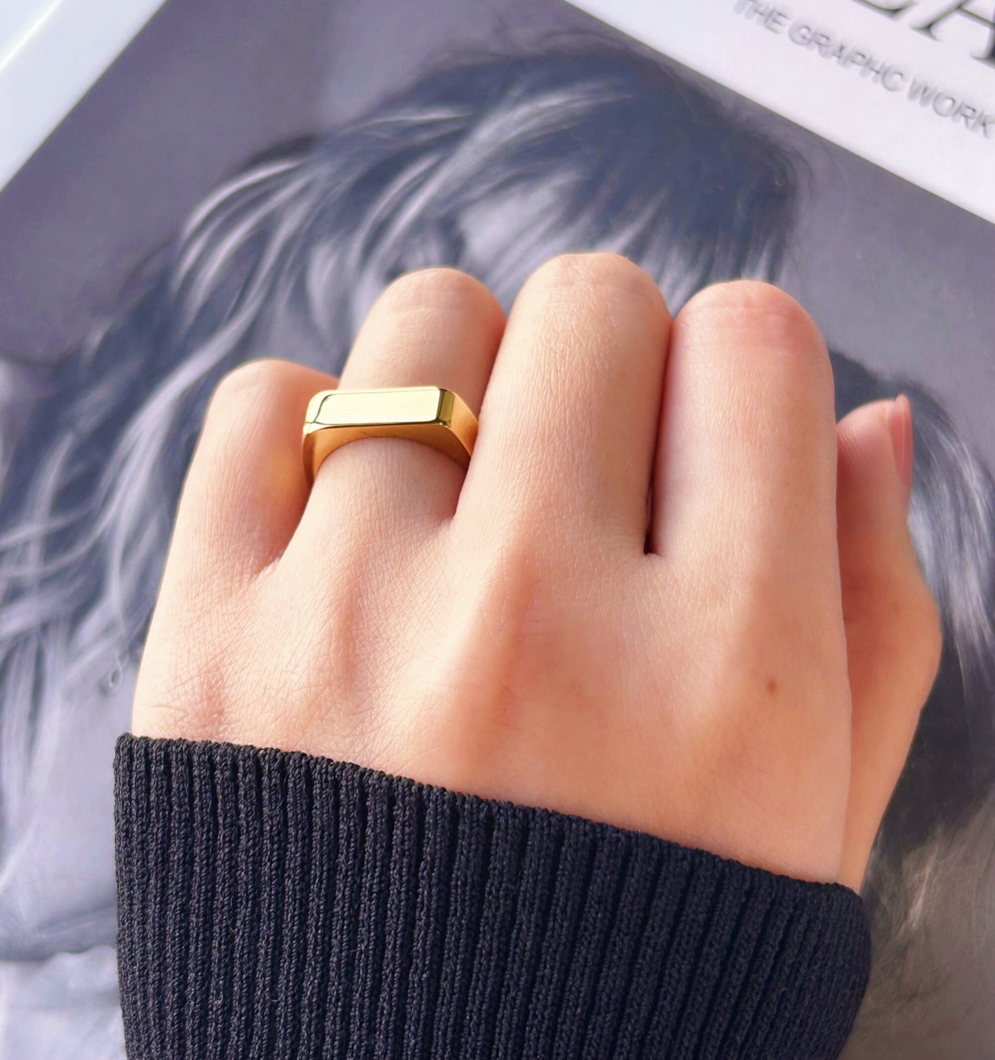 Gold Flat Bar Signet Ring, Waterproof Titanium Ring