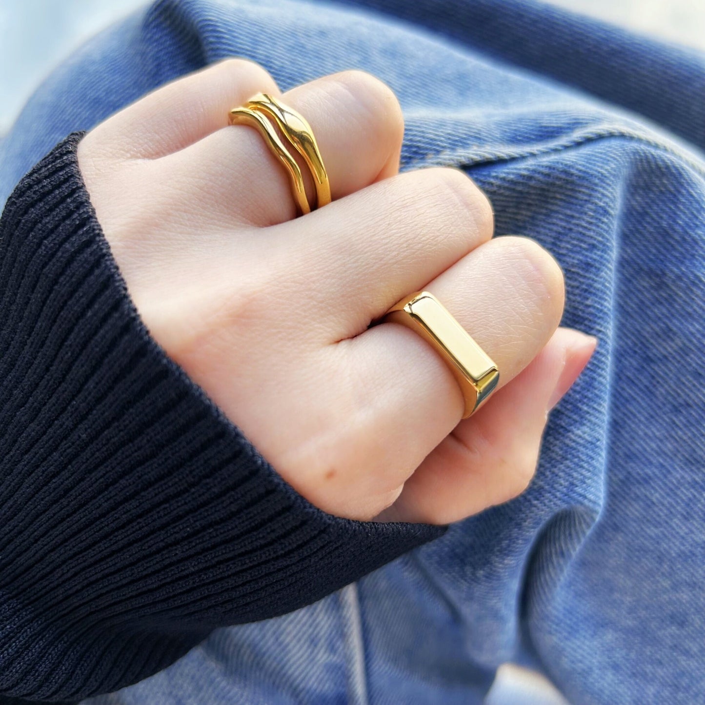 Gold Flat Bar Signet Ring, Waterproof Titanium Ring