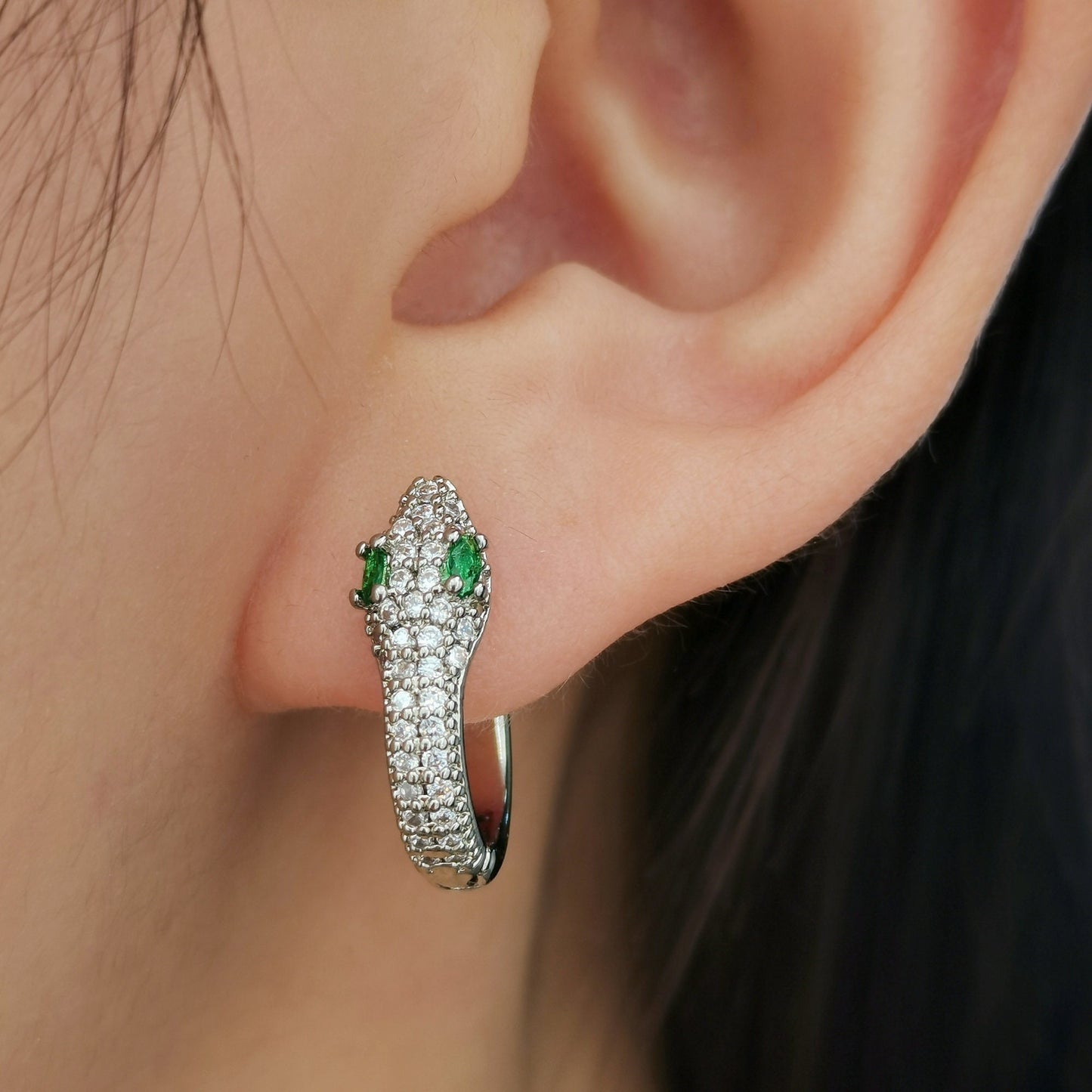 6mm 10mm CZ Snake Hoop Earrings, Emerald Serpent Jewelry