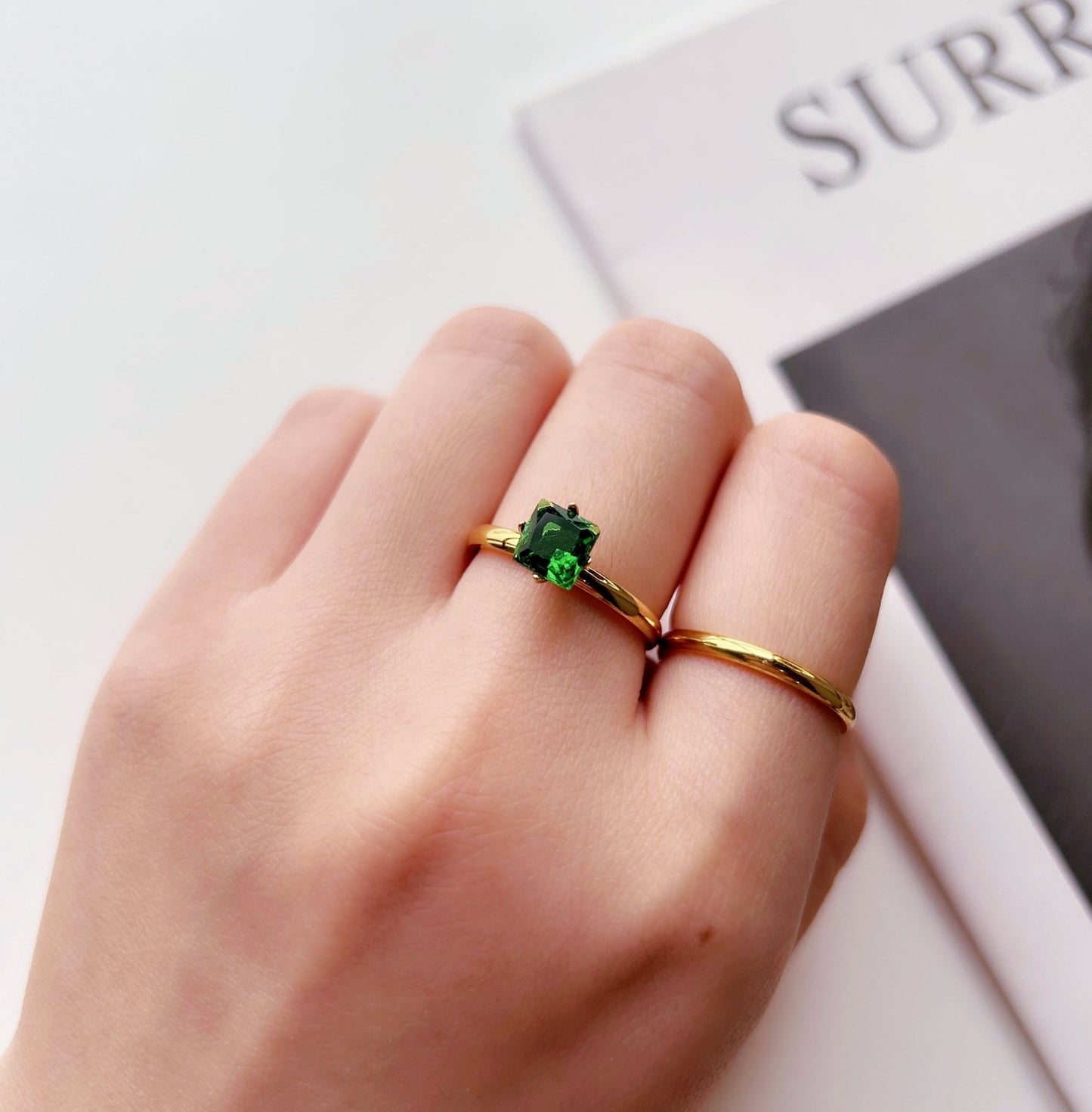 Square Emerald Ring, Stackable Ring