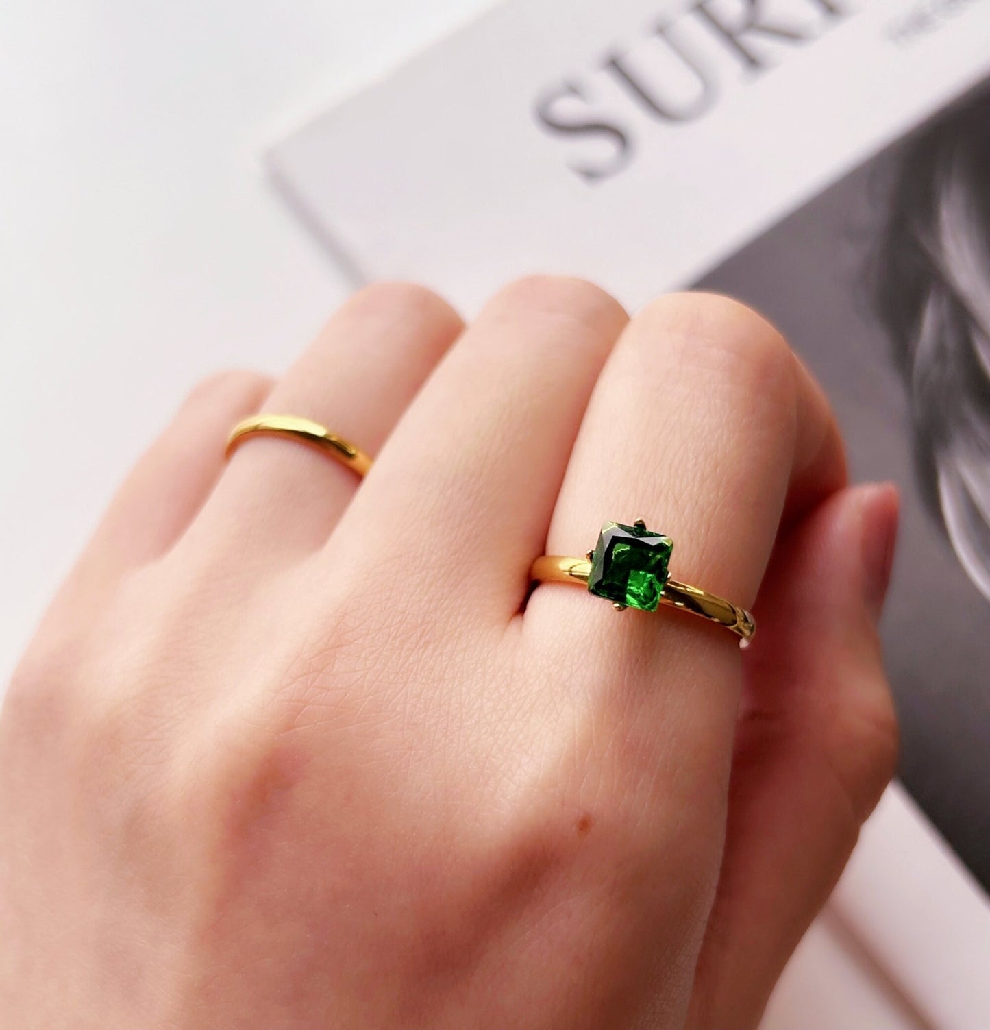 Square Emerald Ring, Stackable Ring