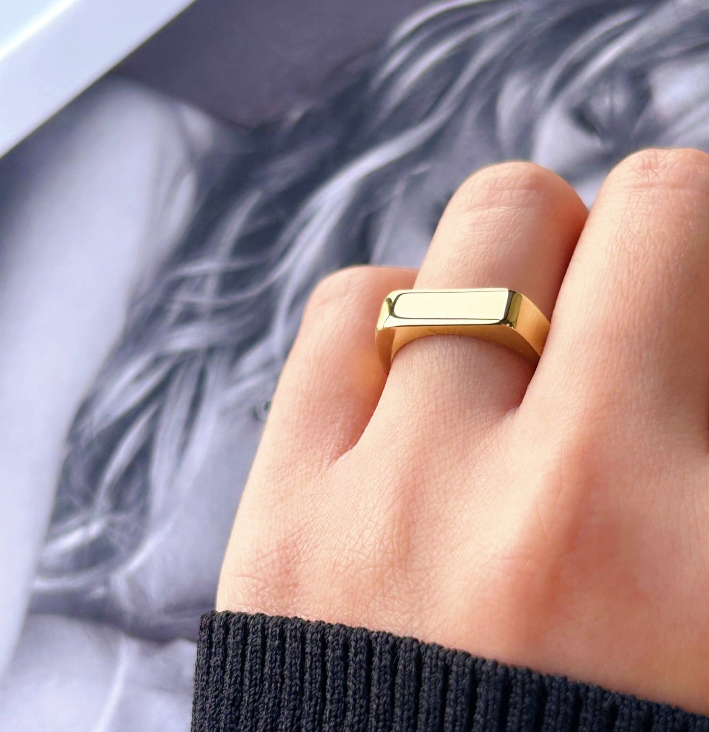 Gold Flat Bar Signet Ring, Waterproof Titanium Ring