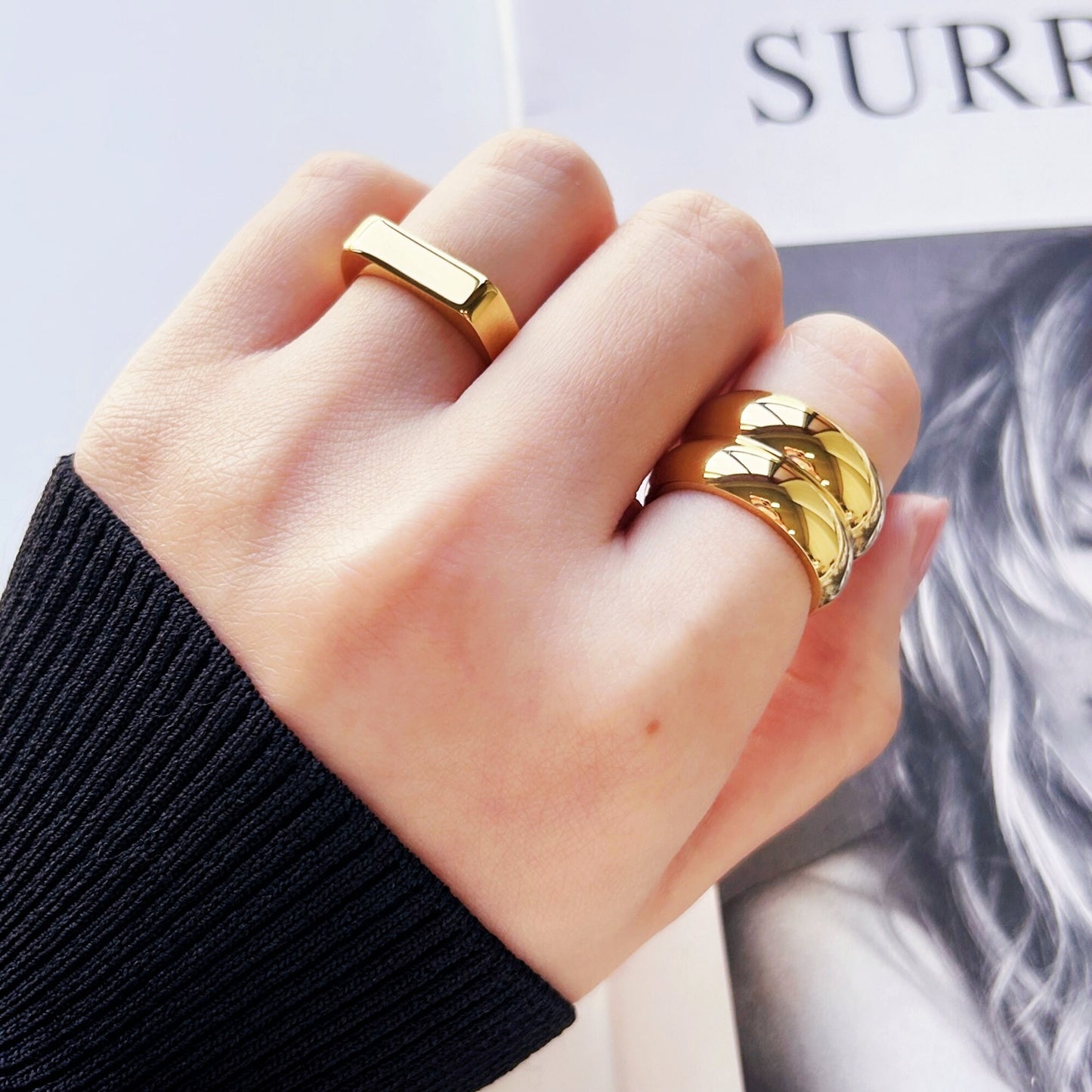 Chunky Gold Thick Bold Ring, Waterproof Titanium Ring