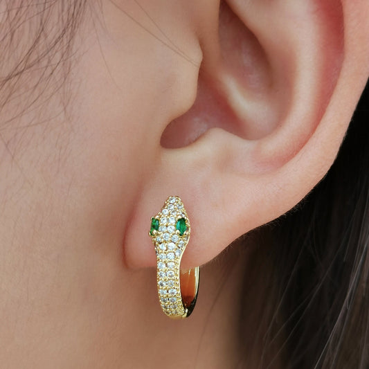 6mm 10mm CZ Snake Hoop Earrings, Emerald Serpent Jewelry