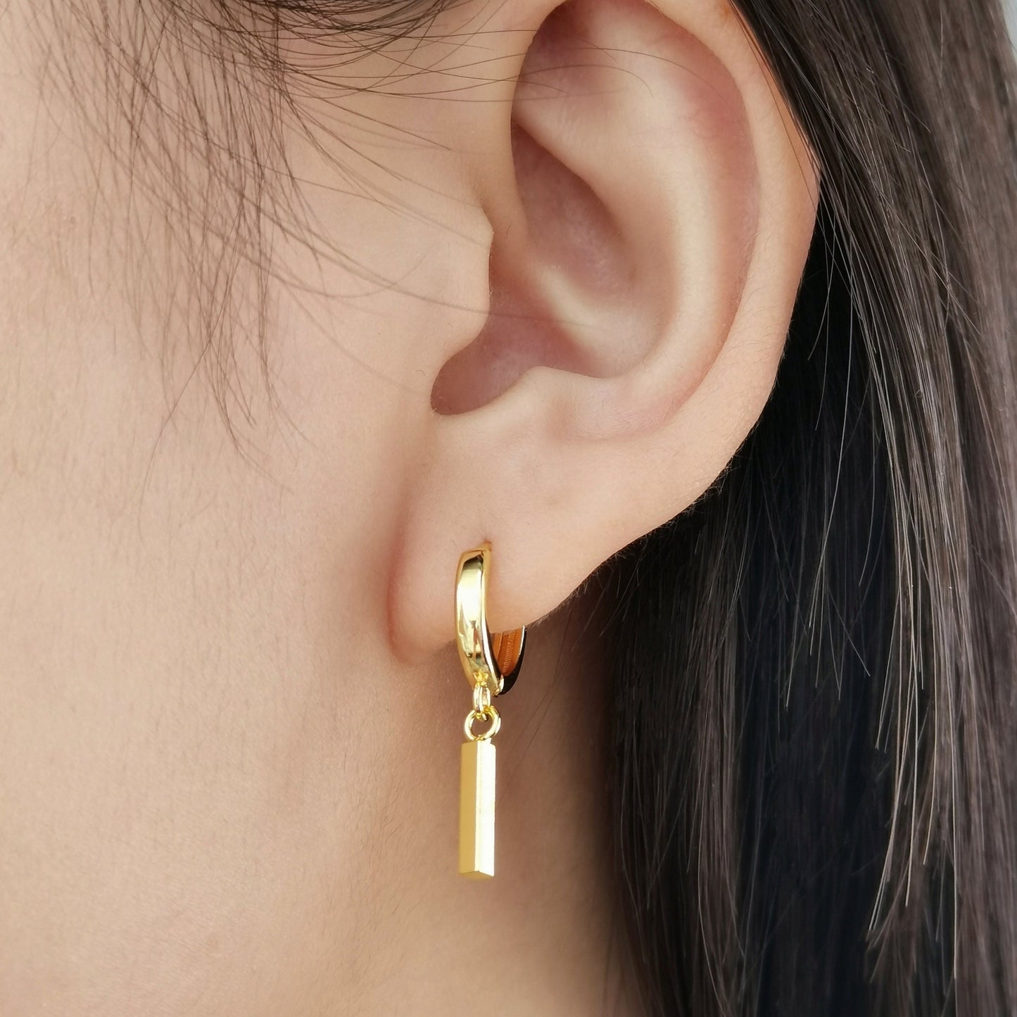 Gold Geometric Bar Drop Hoop Earrings