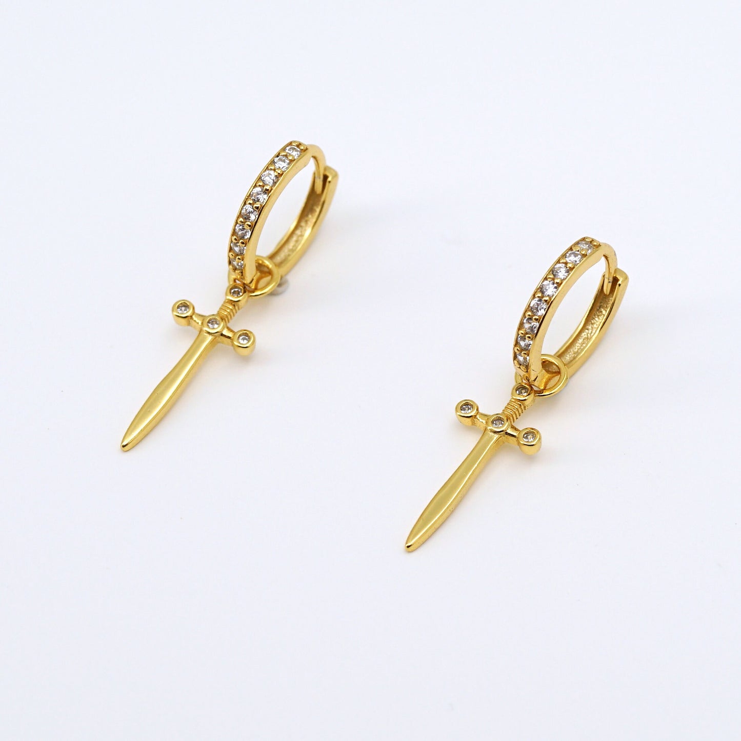 CZ Sword Dangle Hoop Earrings, Dagger Earrings