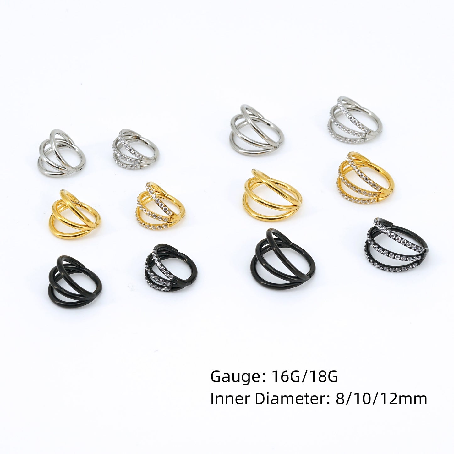 16G/18G Triple Hoop Earring, Hinged Clicker Hoops