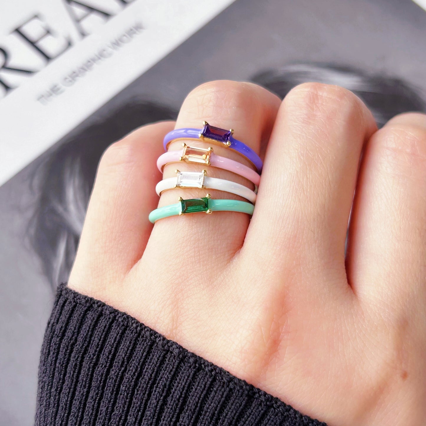 Colored Baguette Zirconia Enamel Ring