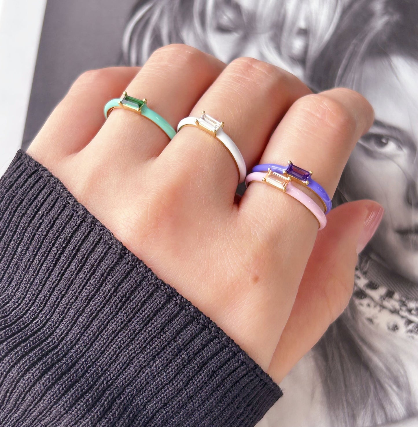 Colored Baguette Zirconia Enamel Ring