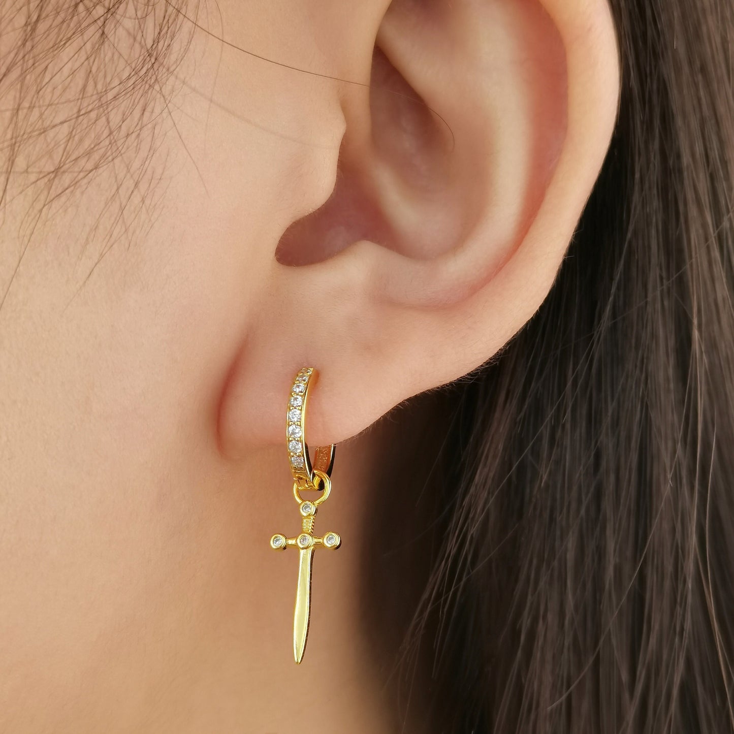 CZ Sword Dangle Hoop Earrings, Dagger Earrings