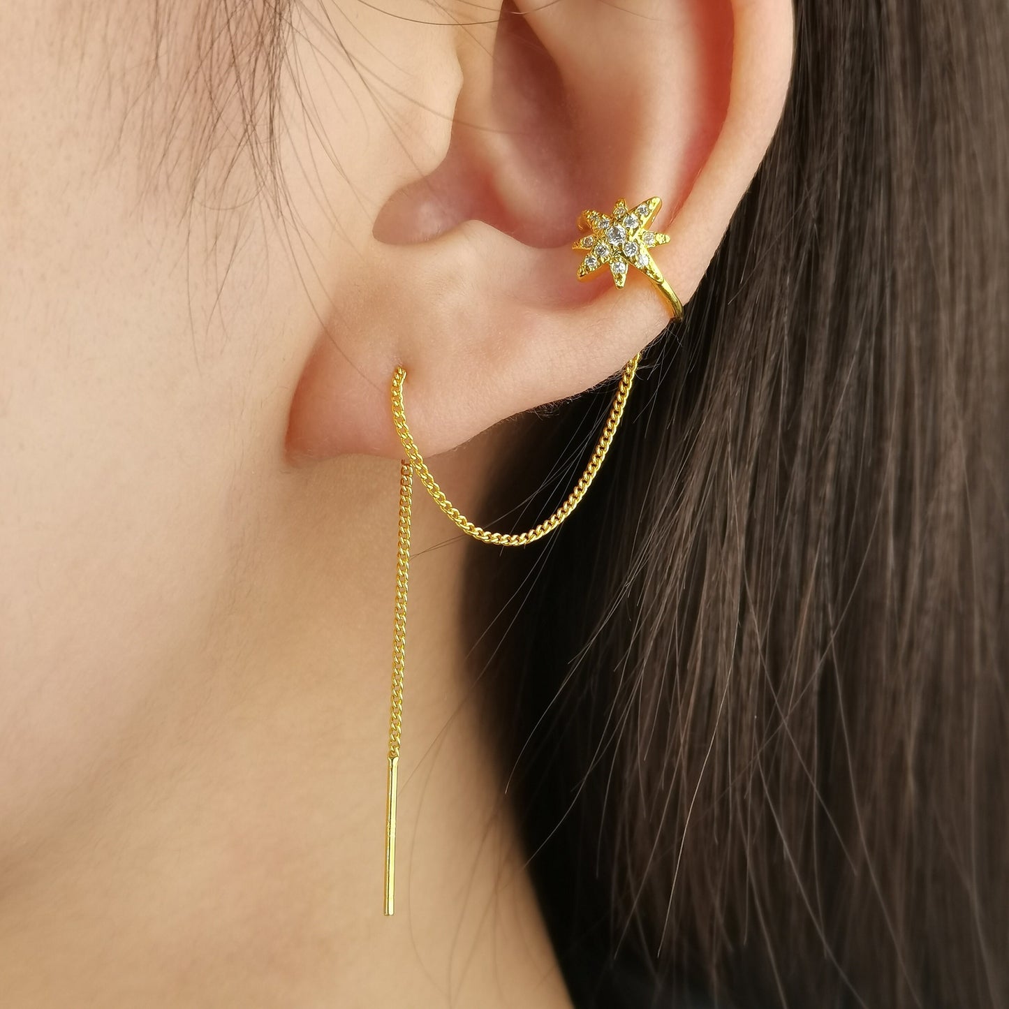 CZ Starburst Ear Cuff Chain Earrings, Minimalist Ear Threader