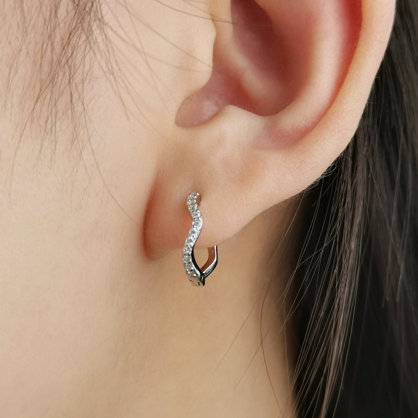 CZ Paved Curve Hoop Earrings, Sterling Silver Wave Hoops