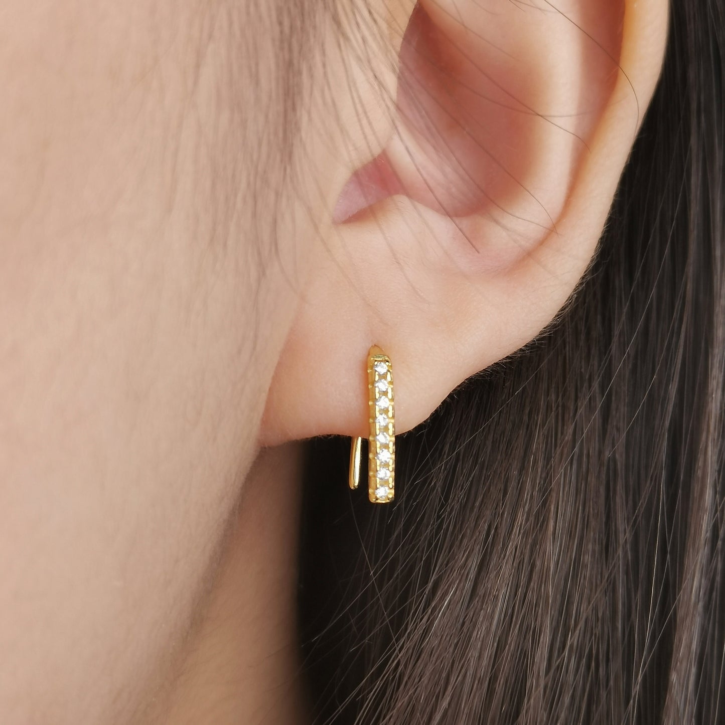 CZ Pave Hook Earrings, Sterling Silver Bar Ear Climber