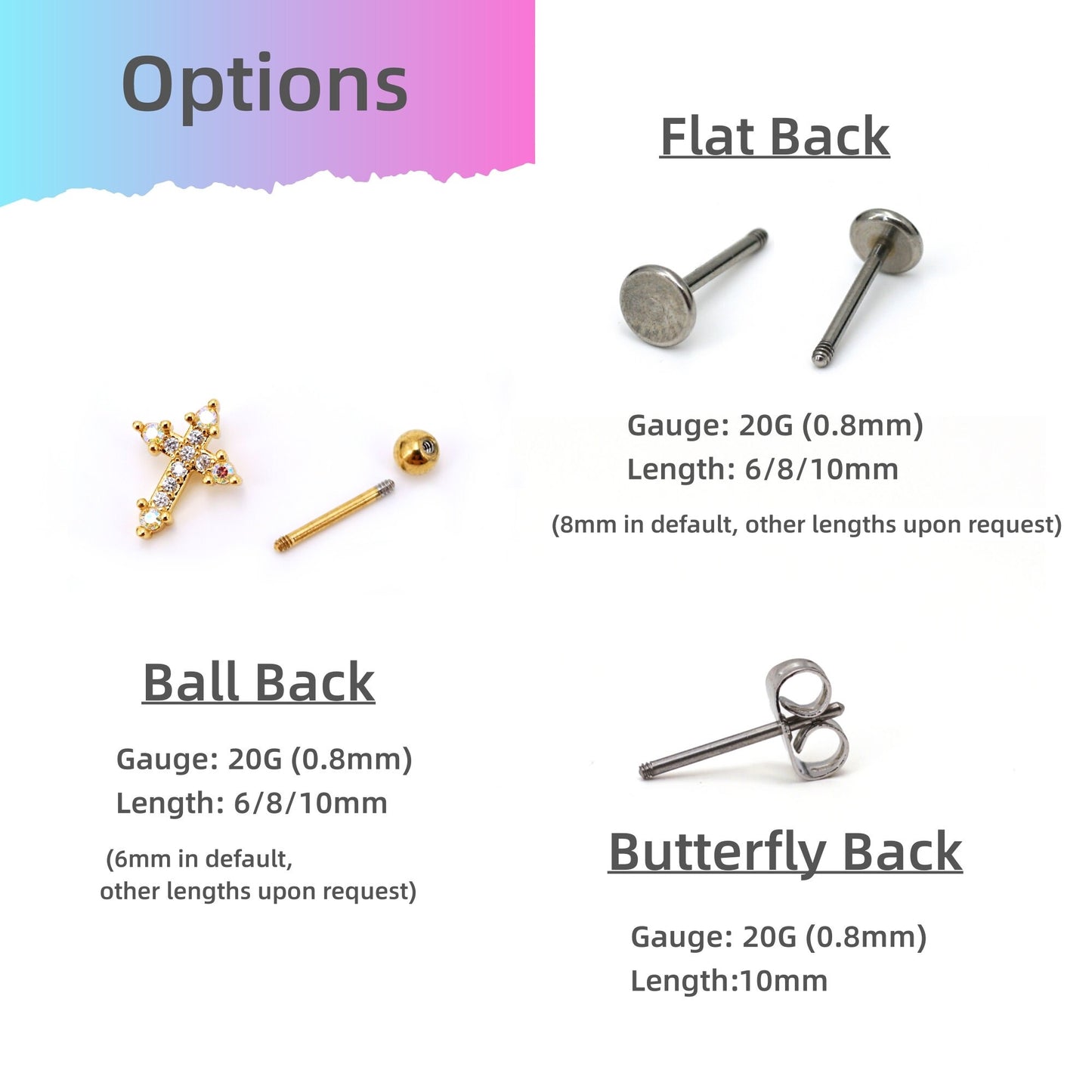 20G Colored CZ Stud Earrings, Tragus Cartilage Helix Piercings