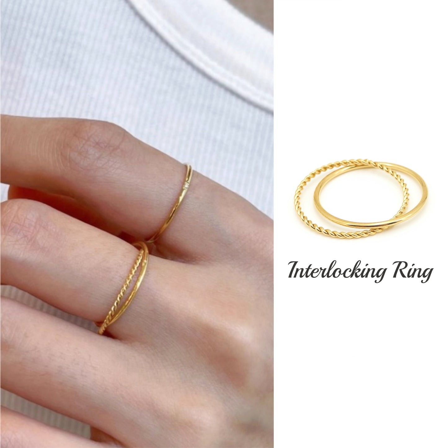 Gold Interlocking Twisted Ring, Dainty Stacking Rings