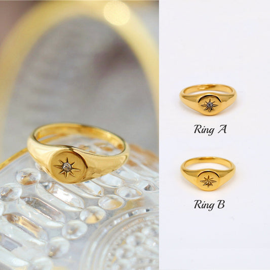 Gold Starburst Signet Ring, North Star Ring