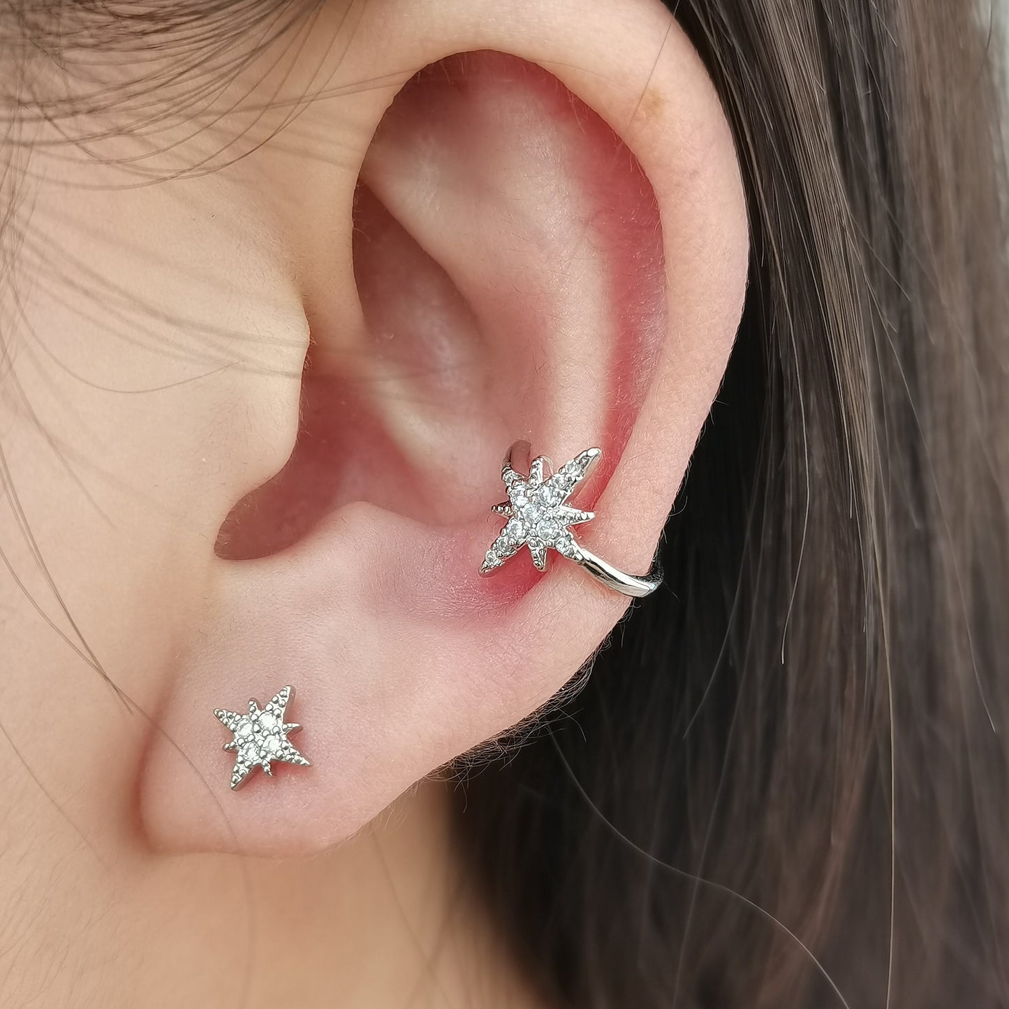 Sterling Silver Starburst Ear Cuff,  Conch Cuff Earring