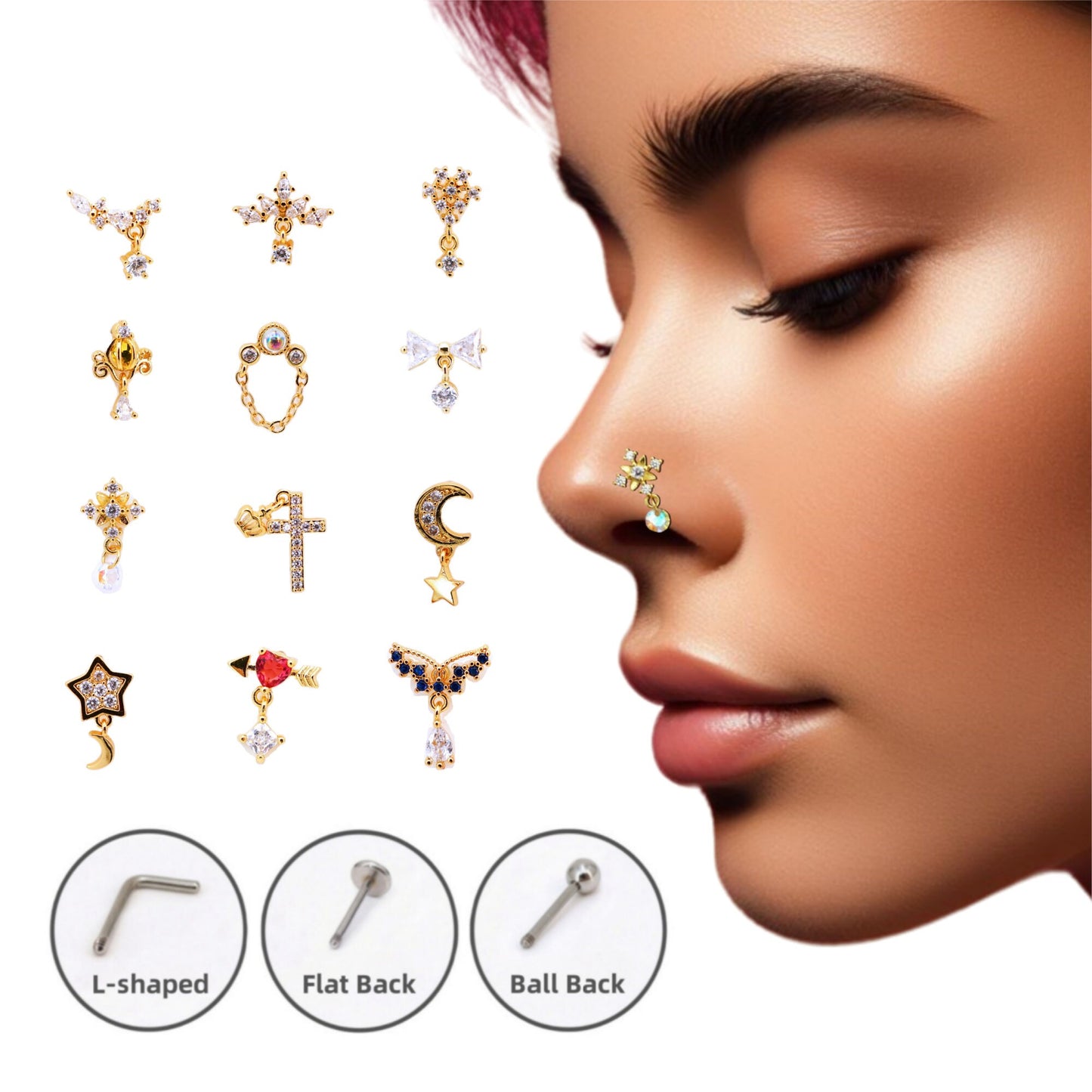 20G Statement Dangling Nose Stud, L-Shaped Nose Piercing Ring