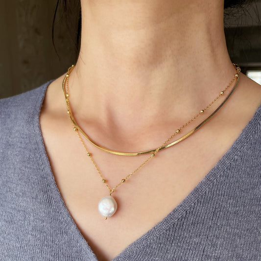 Baroque Pearl Necklace + Square Snake Link Chain