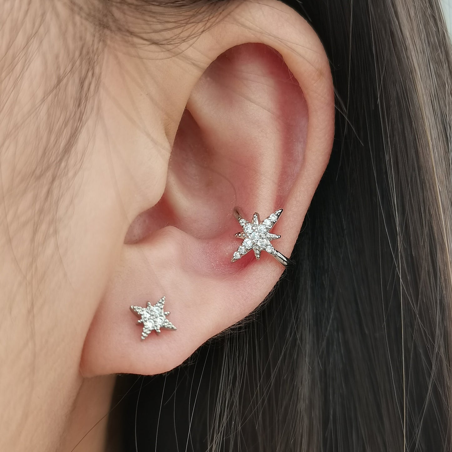 Sterling Silver Starburst Ear Cuff,  Conch Cuff Earring