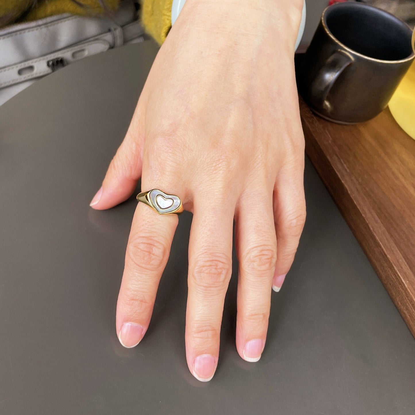 Gold Heart Signet Ring, Mother-of-Pearl Ring