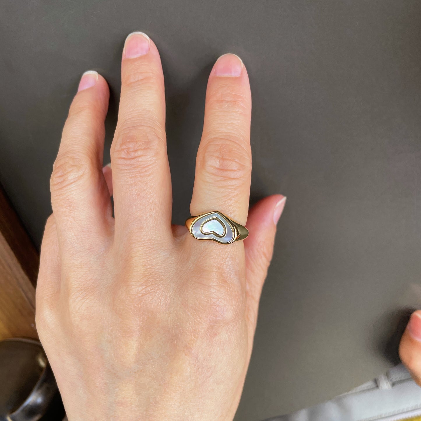 Gold Heart Signet Ring, Mother-of-Pearl Ring