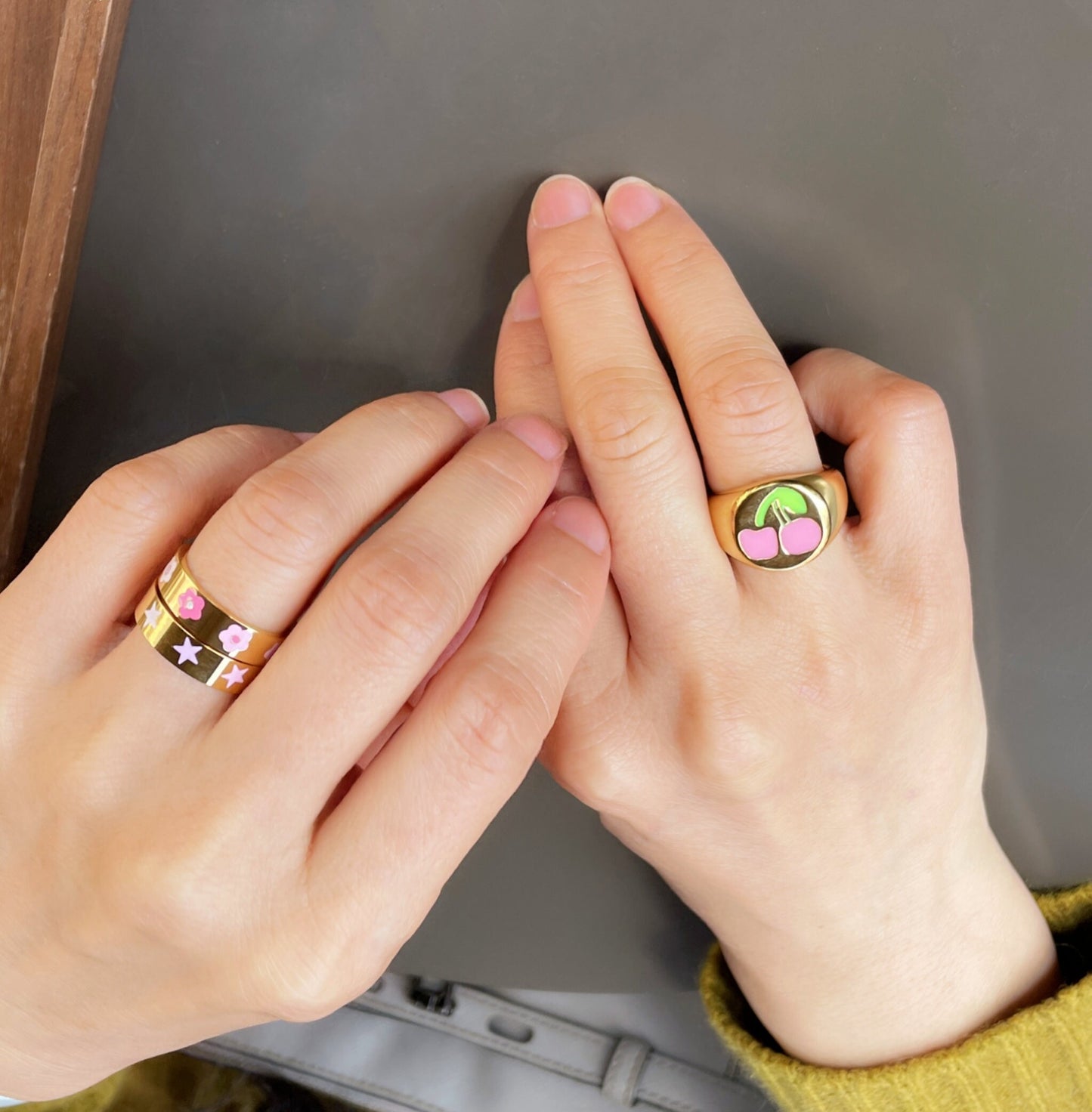 Gold Cherry Signet Ring, Enamel Ring