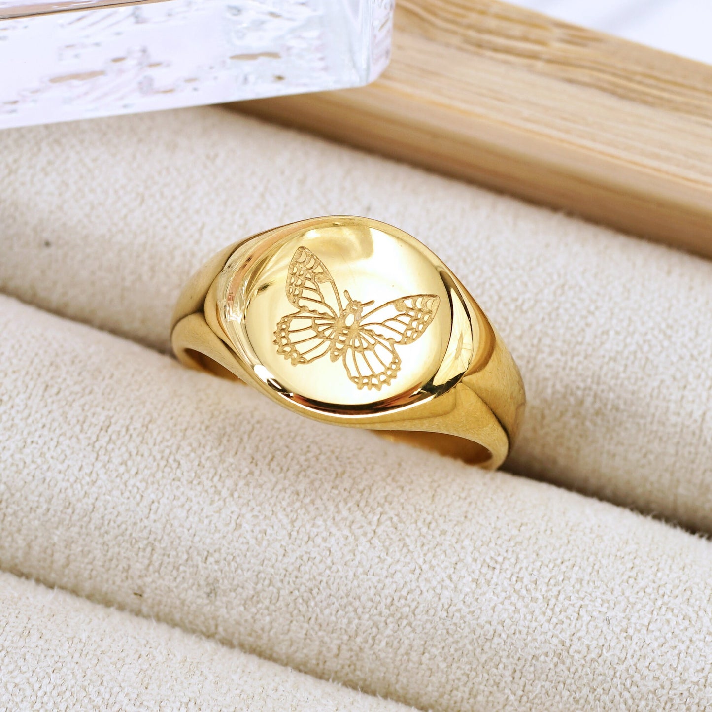 Butterfly Signet Ring, Gold Moon Ring