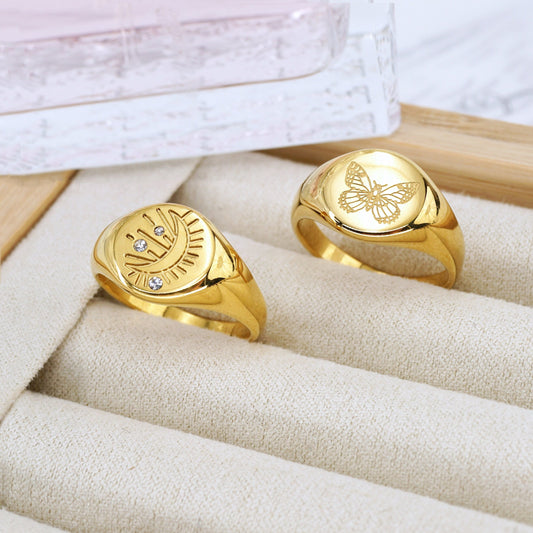 Butterfly Signet Ring, Gold Moon Ring