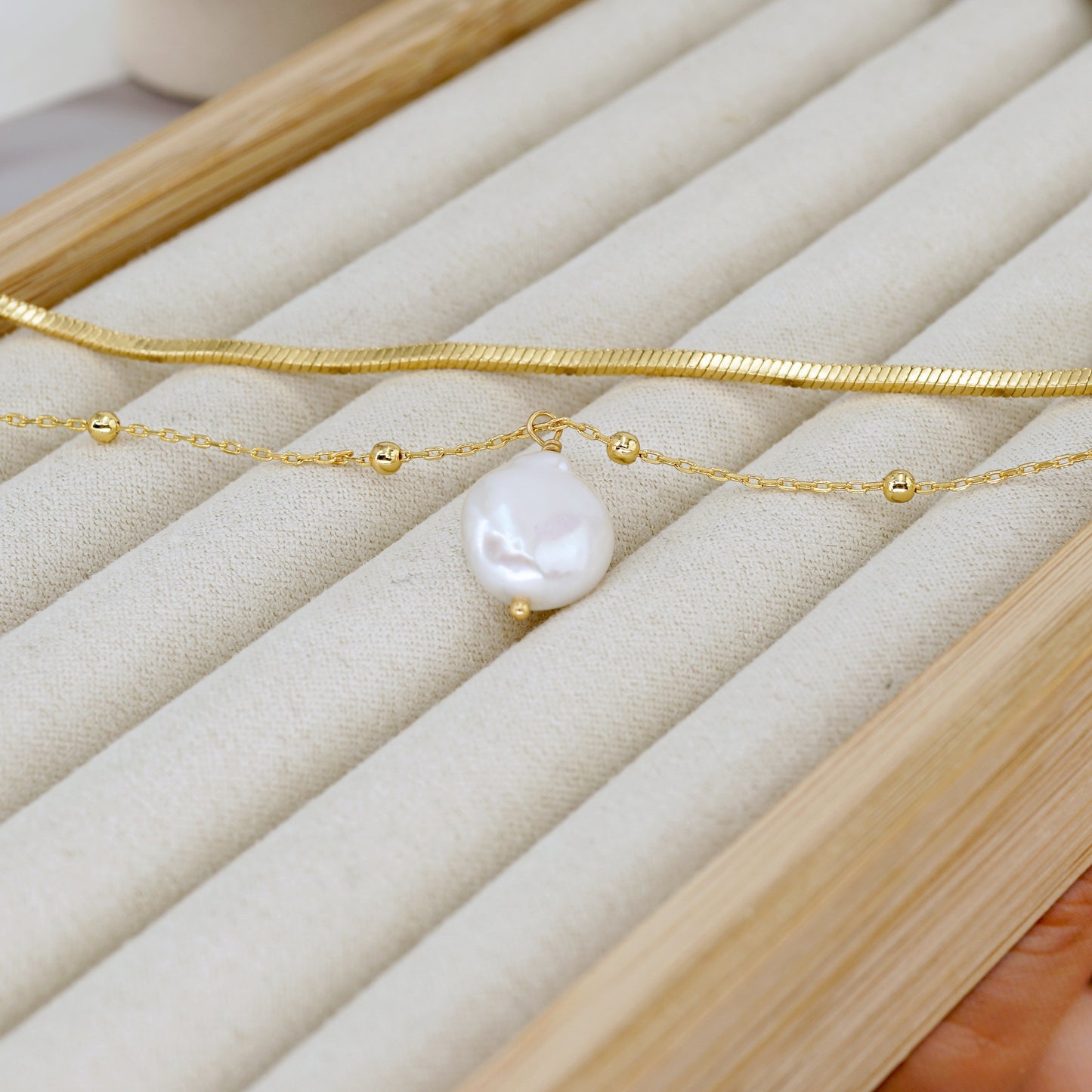 Baroque Pearl Necklace + Square Snake Link Chain