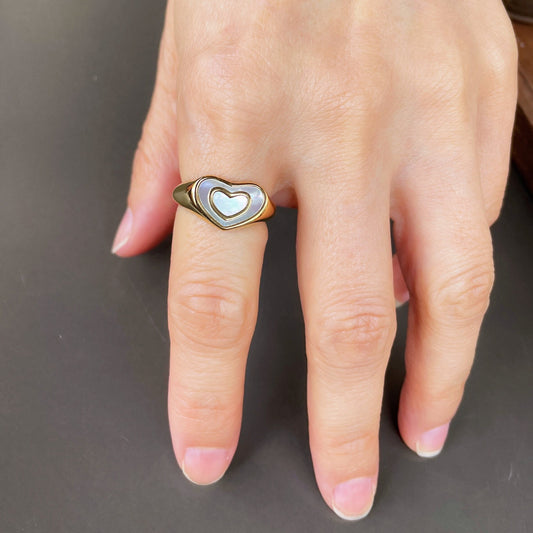 Gold Heart Signet Ring, Mother-of-Pearl Ring