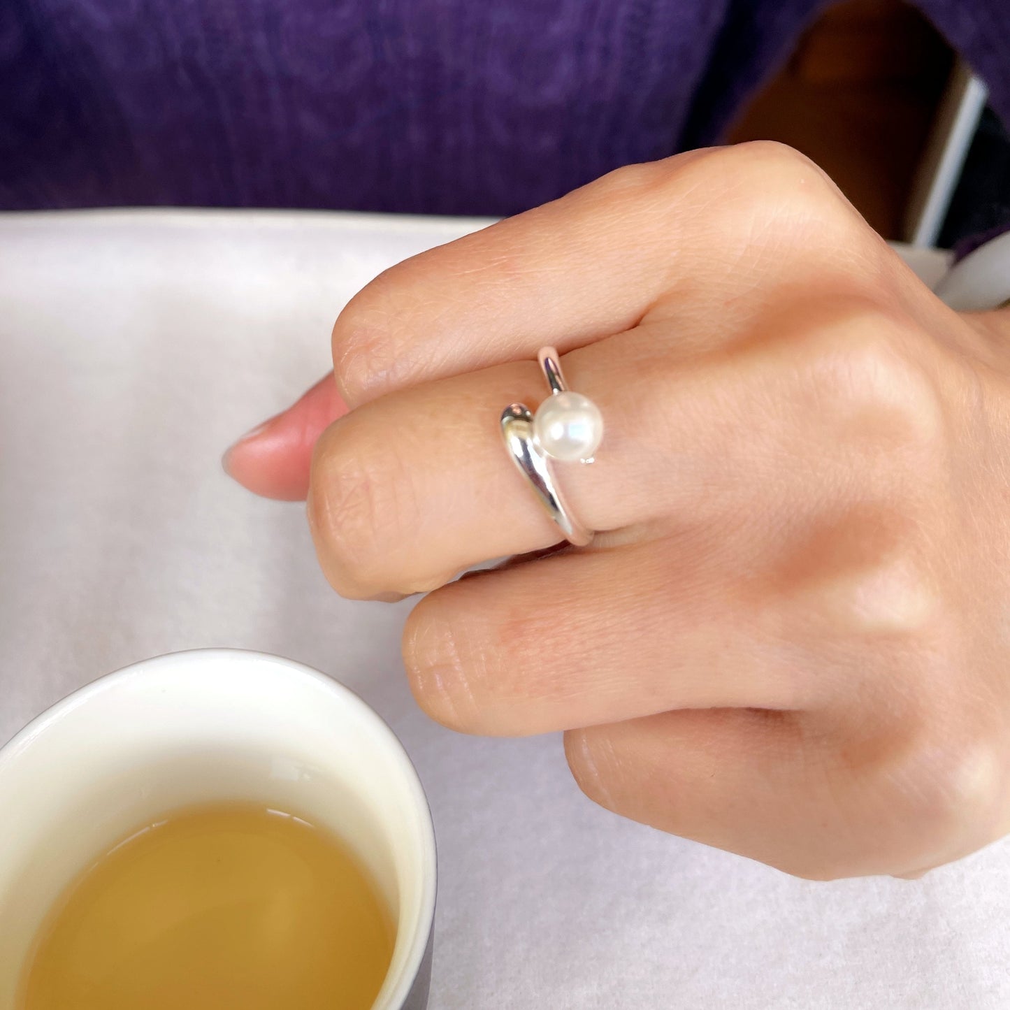 Adjustable Simple Pearl Ring, 925 Sterling Silver Ring